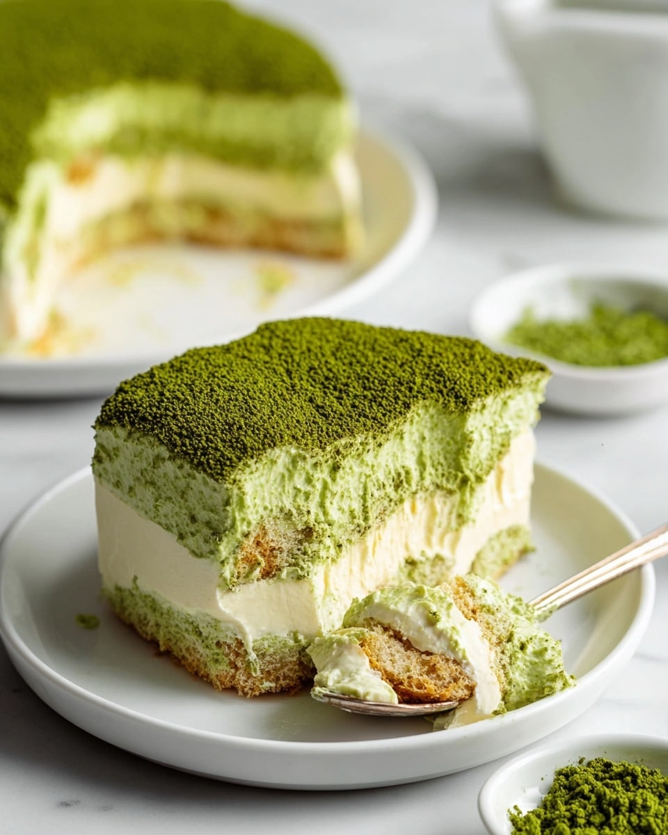 The dessert is a round slice of tiramisu on a white plate, showing three layers: the bottom layer has light green soaked ladyfinger biscuits, the middle layer is thick creamy pale yellow mascarpone with a soft texture, and the top layer is a dense coating of bright green matcha powder covering the entire surface. A spoon with a bite of the tiramisu rests in the foreground, emphasizing the creamy inside, while a small bowl with loose matcha powder is partially visible near the bottom right, all set on a white marbled texture surface. Photo taken with an iphone --ar 4:5 --v 7