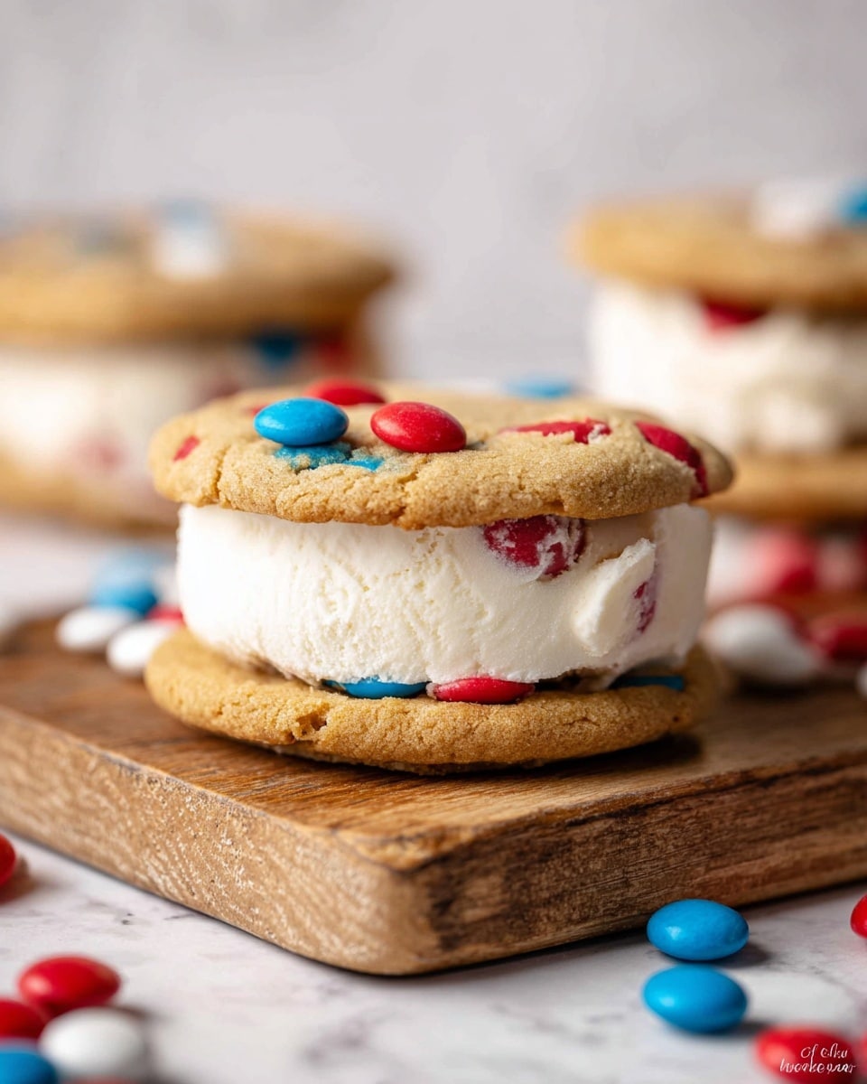 A close-up view of an ice cream sandwich made with two soft, light brown cookies studded with red, blue, and white candy pieces. Between the cookies, there is a thick, smooth, white layer of ice cream that is slightly uneven on the sides, showing a creamy texture. The sandwich is placed on a wooden board with scattered red and blue candies around it, all set against a white marbled textured background. Photo taken with an iphone --ar 4:5 --v 7
