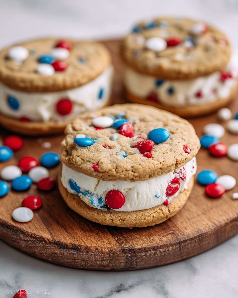 The image shows three cookie ice cream sandwiches arranged on a round wooden board set on a white marbled surface. Each sandwich has three layers: the top and bottom layers are thick, soft-looking light brown cookies studded with red, white, and blue candy pieces, while the middle layer is a thick, creamy white ice cream. Some extra candy pieces in red, white, and blue are scattered on the wooden board around the sandwiches. The focus is sharp on the front sandwich, showing the soft texture of the cookie and smooth ice cream, while the back sandwiches are slightly out of focus. photo taken with an iphone --ar 4:5 --v 7