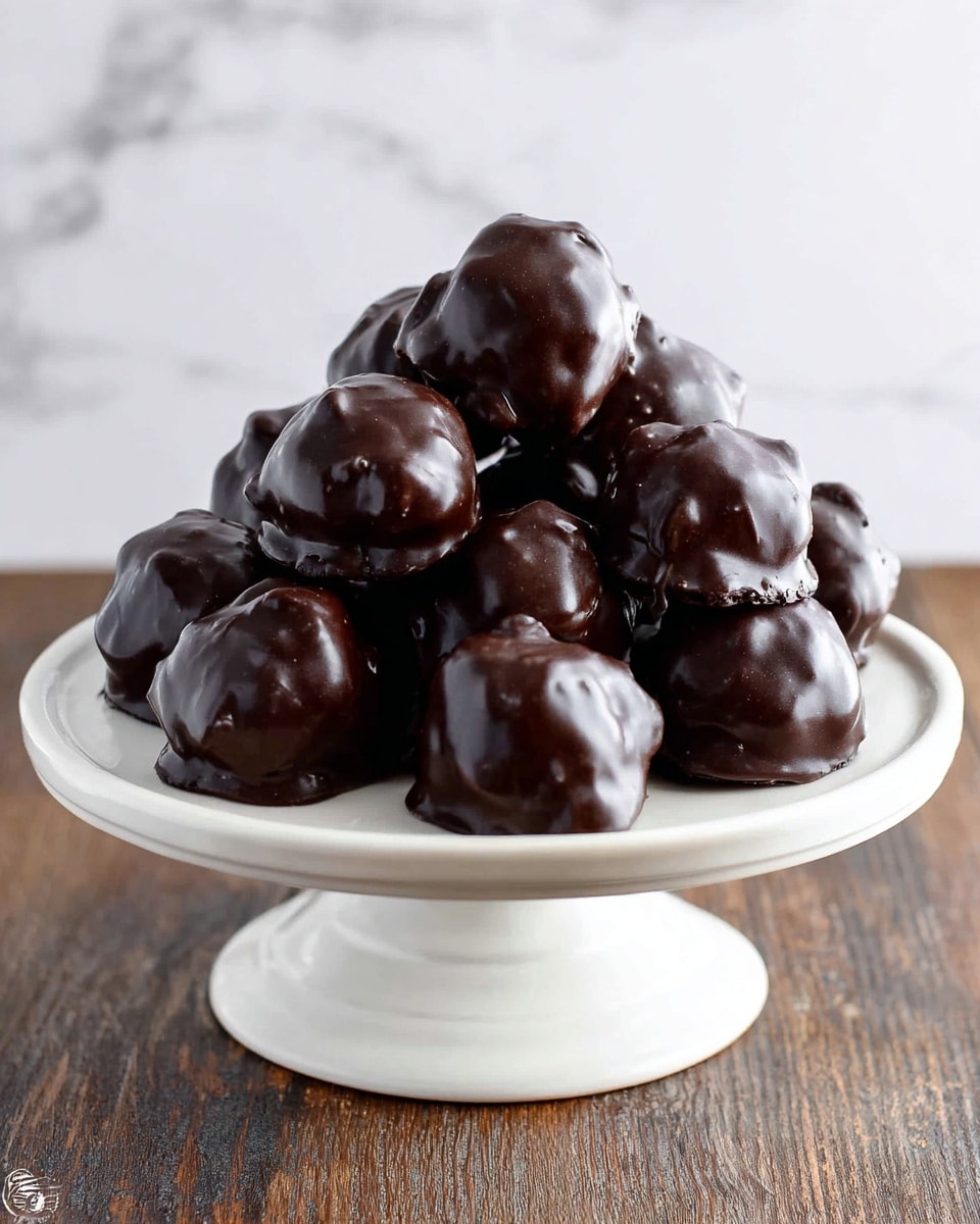 A white cake stand holds a pile of about fifteen shiny dark chocolate-covered round treats stacked in a loose pyramid shape. Each piece is glossy with a smooth, slightly uneven surface that catches the light, making them look rich and dense. The treats are uniform in size, with soft reflections on their chocolate coating. The background is a white marbled texture with a rustic wooden surface beneath the stand. photo taken with an iphone --ar 4:5 --v 7