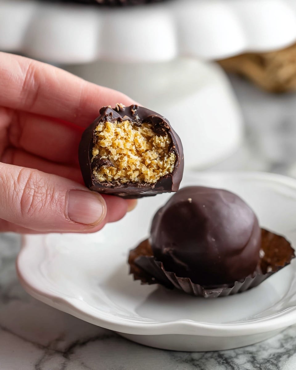 A close-up image shows a woman's hand holding a small round chocolate bite that is partially bitten, revealing a golden, crumbly, and slightly textured nutty filling inside. The chocolate coating is smooth and dark, covering the whole candy. Another whole chocolate bite sits on a white scalloped-edged plate with a glossy surface below the hand. The background is a white marbled texture with a white cake stand blurred in the upper part of the image. photo taken with an iphone --ar 4:5 --v 7