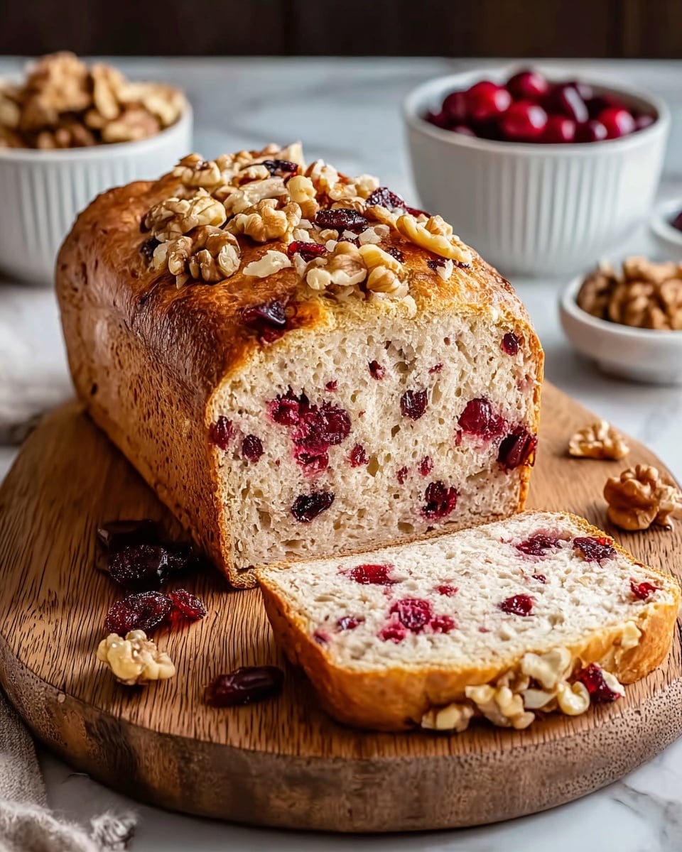 A loaf of bread is shown on a round wooden board with one slice cut and laid in front. The bread has a golden brown crust topped with pieces of chopped walnuts and dried cranberries. Inside, the bread is light beige with scattered whole and halved dried cranberries in deep red, giving a spotted effect throughout. The texture inside looks soft and slightly dense. There are a few dried cranberries scattered around the board. In the background, there are two white bowls, one with whole walnuts and the other with walnut pieces. The setting is on a white marbled texture. photo taken with an iphone --ar 4:5 --v 7
