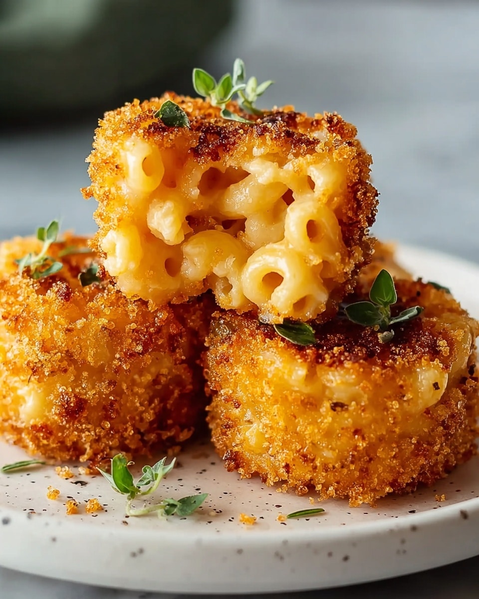 A close-up image shows small, round mac and cheese bites stacked on a white marbled surface. Each bite has two main layers: the bottom layer consists of creamy, golden yellow macaroni and cheese with smooth, tubular pasta pieces visible, and the top layer is a thick, crispy, golden-brown breadcrumb crust with some darker toasted spots. Small green herb bits are sprinkled on the crispy tops, adding a fresh color contrast. More mac and cheese bites are blurred in the background, giving a sense of depth and abundance. Photo taken with an iphone --ar 4:5 --v 7