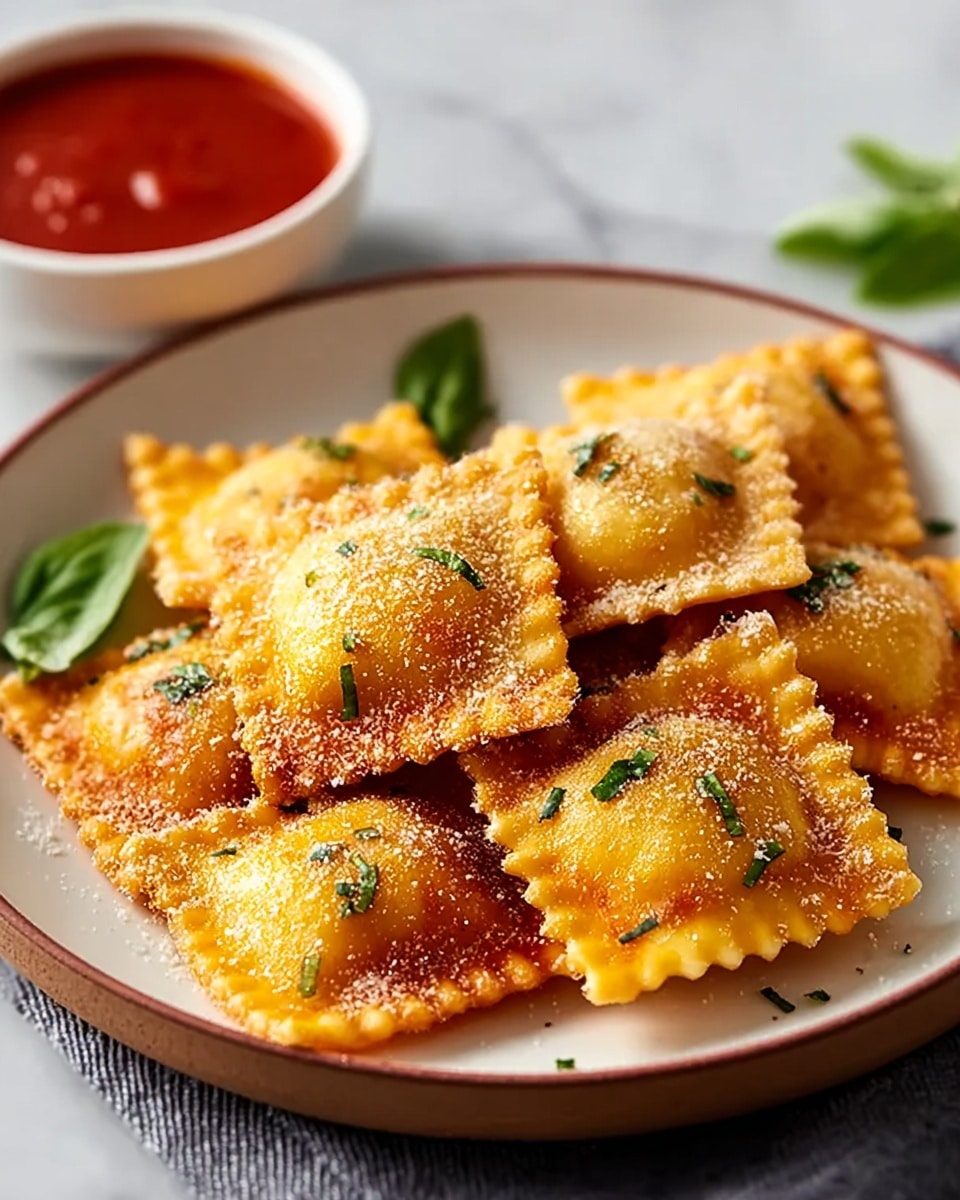 The image shows six square ravioli with crispy golden-brown edges and a slightly puffy, soft center, arranged in a casual pile on a white plate with a brown rim. The ravioli are sprinkled with finely grated cheese and small green herb pieces, adding texture and color contrast on the surface. In the background, slightly out of focus, there is a small white bowl filled with red sauce, comfortably placed at the top right corner of the plate. The plate is set on a white marbled texture, which adds a clean and elegant background to the warm colors of the ravioli. photo taken with an iphone --ar 4:5 --v 7