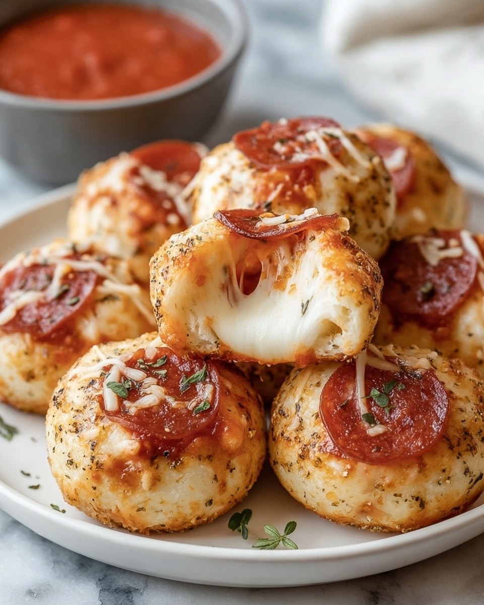 A white plate holds a stack of seven round stuffed pizza bites, each about two to three inches wide. The outer layer is golden-brown dough with small black and red seasoning specks. Each bite has a small, shiny, slightly browned pepperoni slice on top, sprinkled with melted white cheese strands. One pizza bite is split open, showing soft, stretchy white melted cheese inside with some tomato sauce peeking through. Small green herb leaves are scattered on and around the bites. In the background, blurred white bowls hold red marinara sauce, all set on a white marbled surface. Photo taken with an iphone --ar 4:5 --v 7