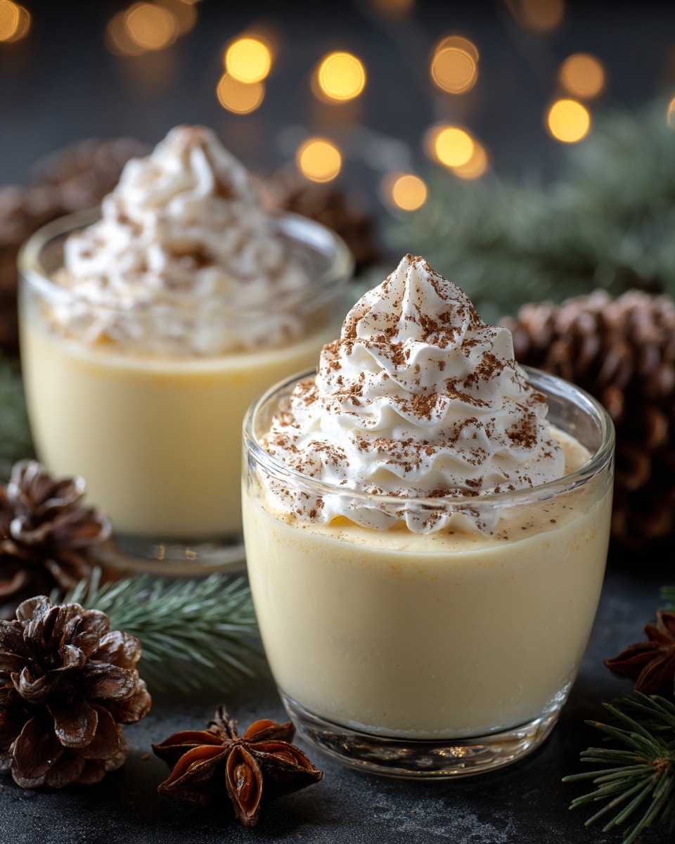 Two small clear glass cups are filled with a thick creamy pale yellow drink. Each cup has a swirl of white whipped cream on top sprinkled with fine brown spice powder. The drinks sit on a dark surface with pinecones, star anise, and green pine leaves around them, while soft yellow lights glow softly in the blurred background. photo taken with an iphone --ar 4:5 --v 7