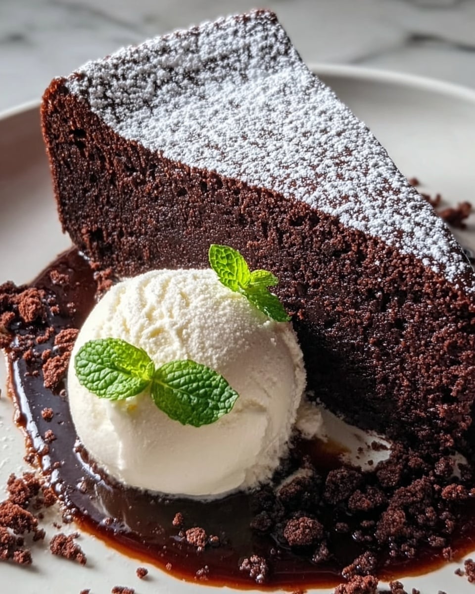 A white plate holds a thick slice of dark chocolate cake dusted with powdered sugar on top, showing a crumbly texture; next to it is a scoop of creamy white ice cream garnished with two small green mint leaves, resting on a pool of glossy dark chocolate sauce with scattered chocolate crumbs. The background is a white marbled texture. photo taken with an iphone --ar 4:5 --v 7