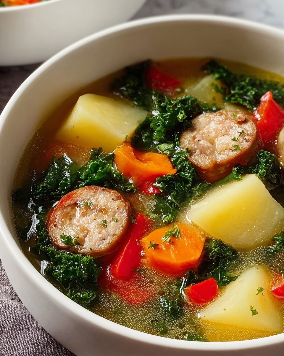A close-up view of a white bowl filled with a clear broth soup containing several layers: large chunks of light yellow potatoes, thinly sliced bright orange carrots, dark green curly kale leaves, small pieces of red bell pepper, and round slices of cooked sausage showing a coarse, light brown texture inside. The ingredients float in the broth with a slightly oily surface, all placed on a white marbled texture. Photo taken with an iphone --ar 4:5 --v 7