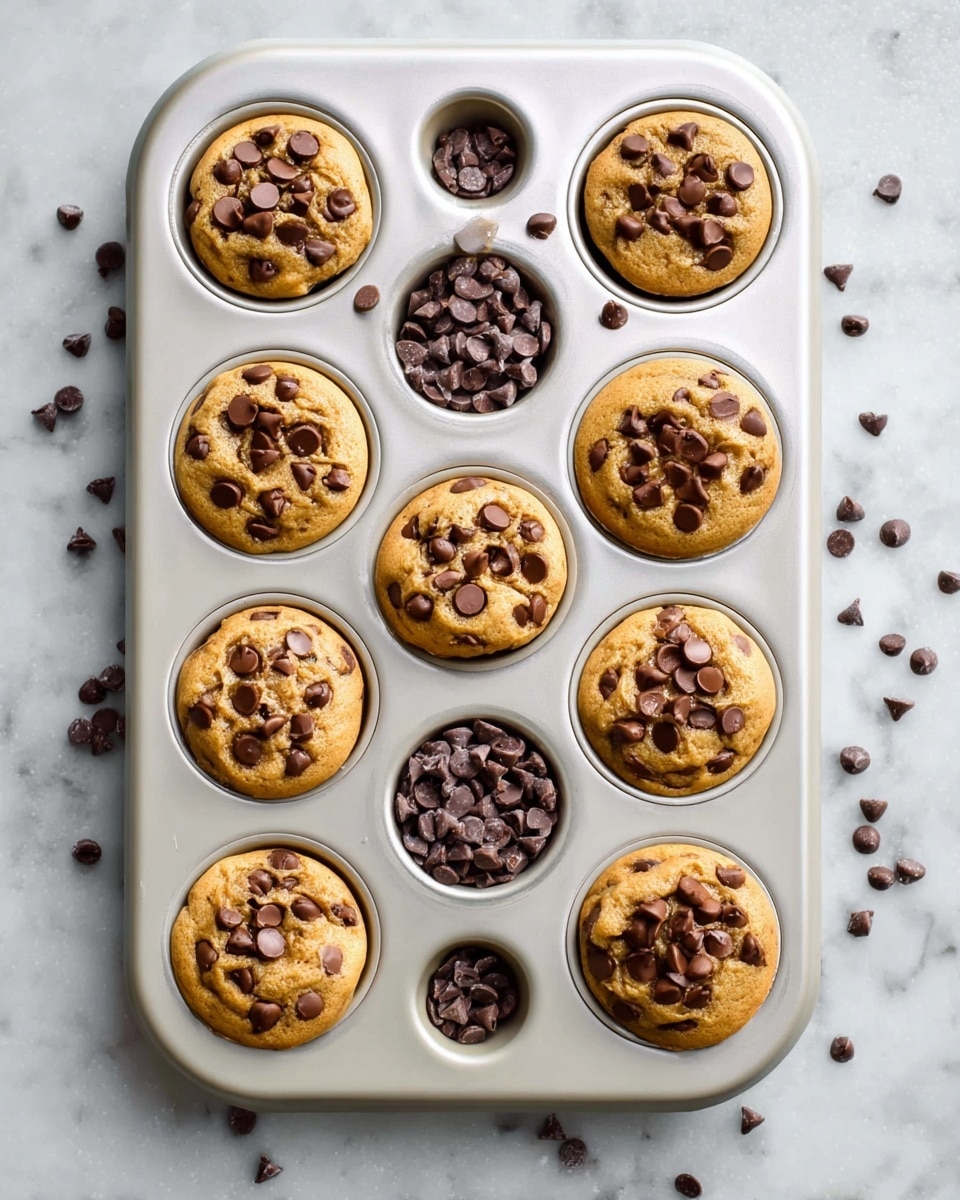A white metal muffin tray holds 11 baked chocolate chip cookie dough cups and one compartment filled with loose chocolate chips. Each cookie dough cup is golden brown with a slightly cracked surface and generously topped with a thick layer of dark brown chocolate chips, creating a textured look. The cookie dough has risen to fill most of the depth of the muffin cups, with some chips scattered around the tray. The tray is placed on a white marbled textured surface. photo taken with an iphone --ar 4:5 --v 7