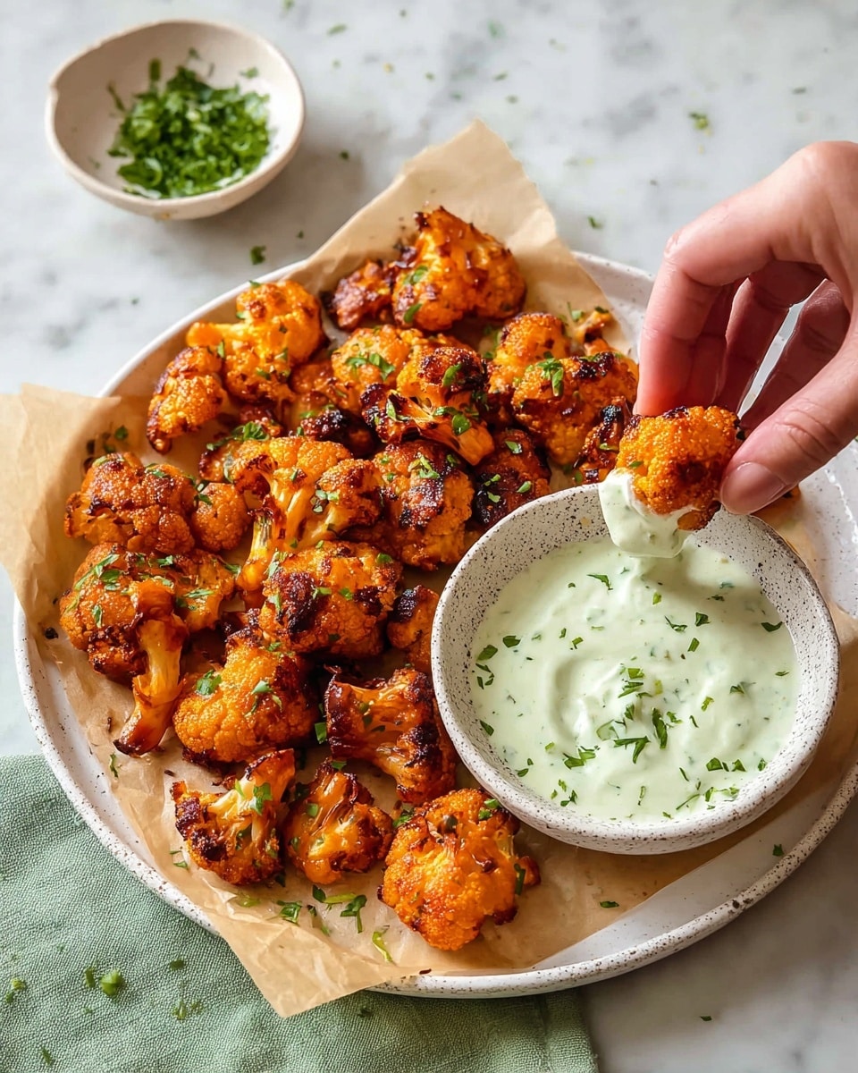 A white plate with a layer of light brown parchment paper holds many pieces of golden orange fried cauliflower with some darker brown char spots, sprinkled with finely chopped green herbs. To the right side of the plate, a speckled white bowl filled with creamy, pale green sauce garnished with green herbs sits partially on the plate. A woman's hand is dipping one piece of cauliflower into the sauce. In the background, a small white bowl with more chopped herbs is visible against a white marbled surface. photo taken with an iphone --ar 4:5 --v 7