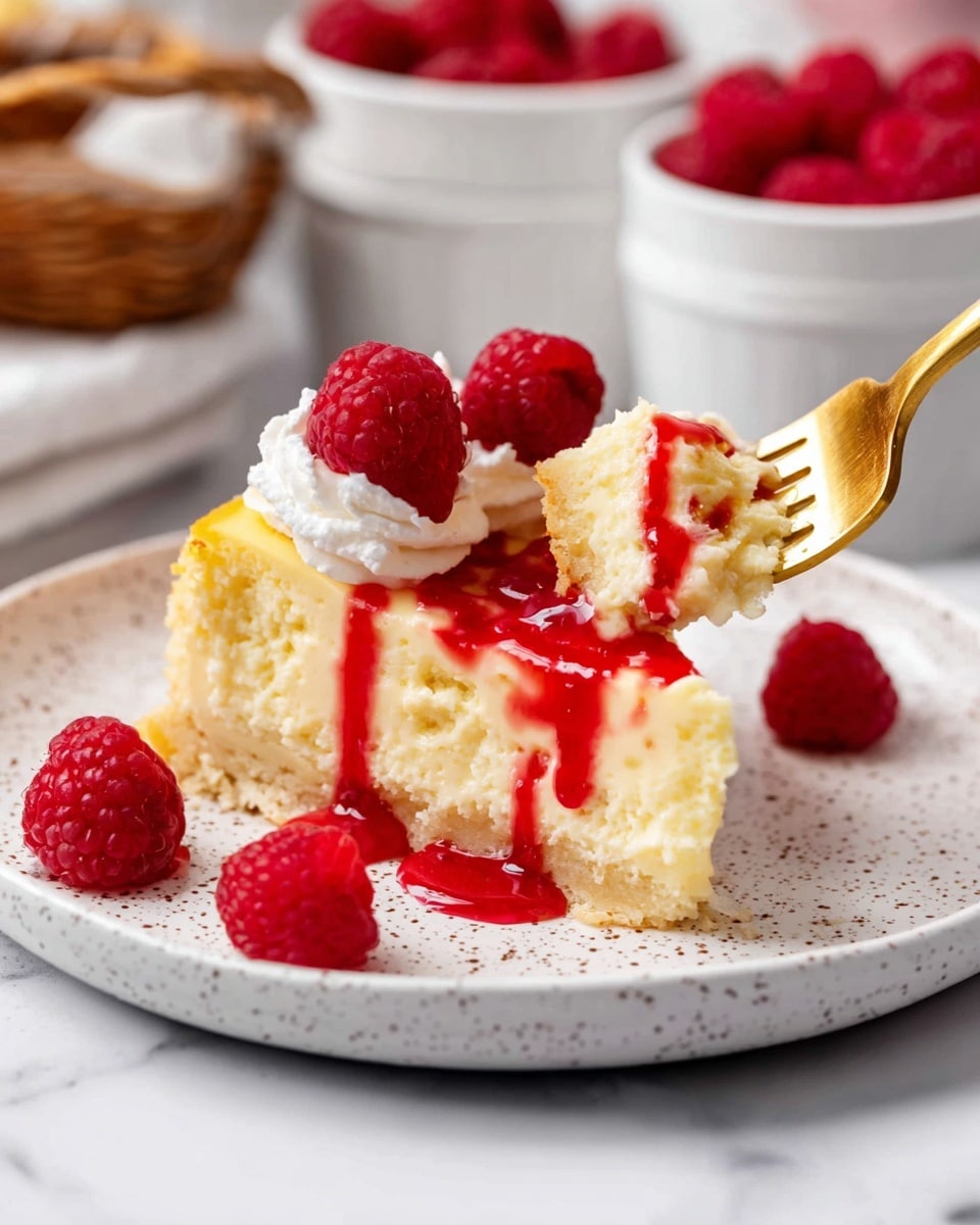 On a white speckled plate, there is a slice of light yellow cheesecake with a crumbly texture and a slightly dense bottom layer. The top edge has small white cream dollops with bright red raspberries placed on them. A drizzle of shiny red raspberry sauce runs over the top and down the sides of the cheesecake. A gold fork is cutting into the cake, lifting a piece that shows the creamy inside with sauce on it. Around the plate, fresh raspberries add more red color. The plate is set on a white marbled surface with blurred white bowls and a basket of raspberries in the background. Photo taken with an iphone --ar 4:5 --v 7