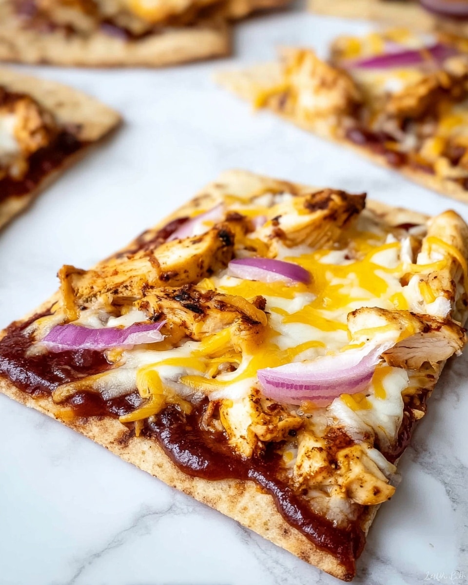 A close-up view of a flatbread pizza slice resting on a white marbled surface, showing four distinct layers: the bottom layer is a thin, light brown flatbread crust, followed by a dark reddish-brown barbecue sauce spread, then a layer of melted yellow and white shredded cheese with a slightly browned top, and the top layer contains grilled chicken pieces with a golden, slightly charred texture, and thin slices of purple-red onion scattered across. In the background, there are other similar pizza slices with the same layers visible, all on the white marbled surface. photo taken with an iphone --ar 4:5 --v 7