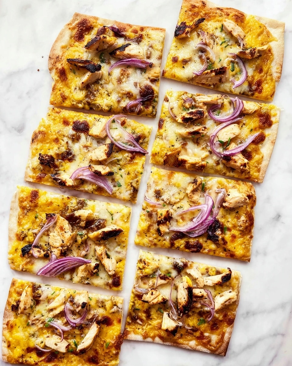 A rectangular flatbread pizza cut into eight pieces is laid out on a white marbled surface, showing a thin, crisp, golden-brown crust. The top layer has melted yellow and white cheeses that are lightly bubbly and browned in spots. Scattered over this are chunks of grilled chicken with dark grill marks and slices of thin purple-red onion, adding color contrast. The flatbread looks slightly oily and has small specks of herbs or seasoning visible under the cheese. Photo taken with an iphone --ar 4:5 --v 7