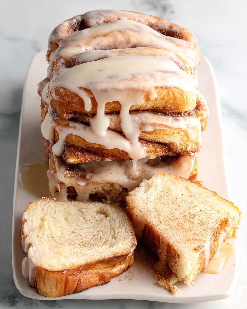A white oval dish holds a loaf of cinnamon pull-apart bread with multiple thick layers visible, each layer coated with a light brown cinnamon swirl and soft dough that is golden yellow inside. The top of the loaf is covered with smooth, shiny glaze that drips down between the layers. Several slices are cut and laid in front of the loaf, showing the soft texture and cinnamon coating. The dish is placed on a white marbled textured surface with two cinnamon sticks beside it, creating a cozy and inviting scene. photo taken with an iphone --ar 4:5 --v 7