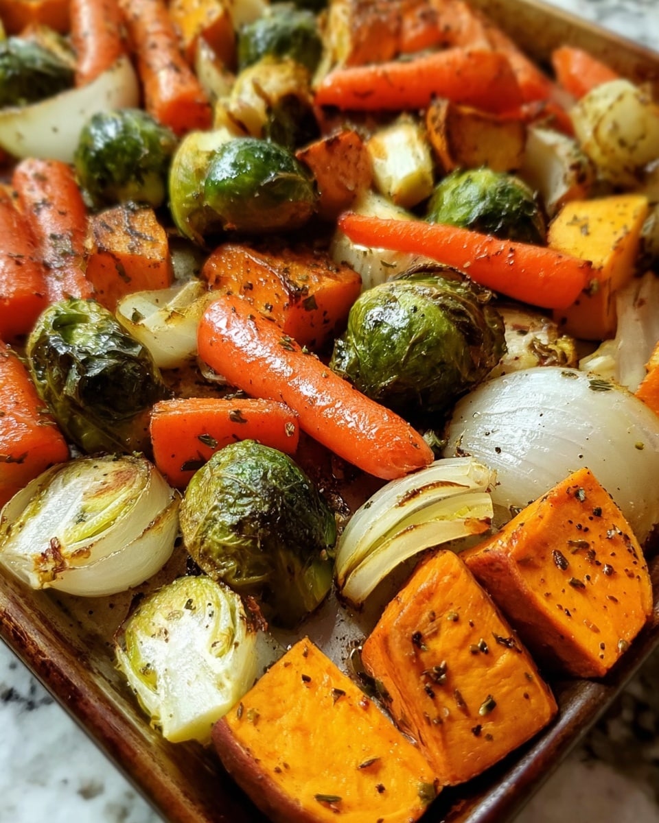 A close-up of a tray filled with roasted vegetables including whole Brussels sprouts with a shiny green look and charred edges, large chunks of bright orange carrots, pale yellow roasted onions with browned edges, and thick slices of golden brown sweet potatoes with specks of black pepper and herbs, all mixed together on a white marbled surface. photo taken with an iphone --ar 4:5 --v 7