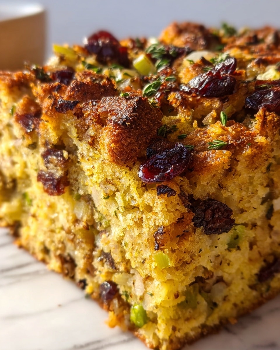 A close-up view of a thick, square slice of golden brown stuffing with a crumbly, crunchy top layer speckled with dark brown toasted spots, red dried cranberries, and green herb bits. The middle layer has a soft, yellow interior packed with small chunks of celery and onions, showing a moist but dense texture. The slice rests on a white marbled surface, with soft natural light highlighting the varied textures and colors of the stuffing. Photo taken with an iphone --ar 4:5 --v 7
