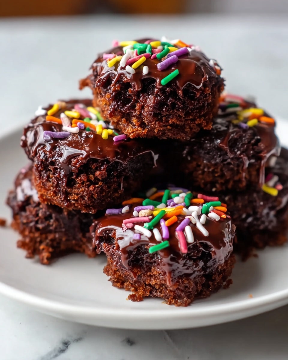 A close-up view of five small chocolate brownies stacked loosely on a white plate, each brownie has a moist, crumbly dark brown base layer with a shiny, rich chocolate glaze layer on top that drips slightly down the sides. The glaze is decorated with colorful, cylindrical sprinkles in red, green, yellow, purple, orange, and white scattered unevenly over the surface. The brownies show rough, textured edges and a soft, dense inside. The white plate sits on a white marbled textured surface, creating a bright and clean setting. Photo taken with an iphone --ar 4:5 --v 7