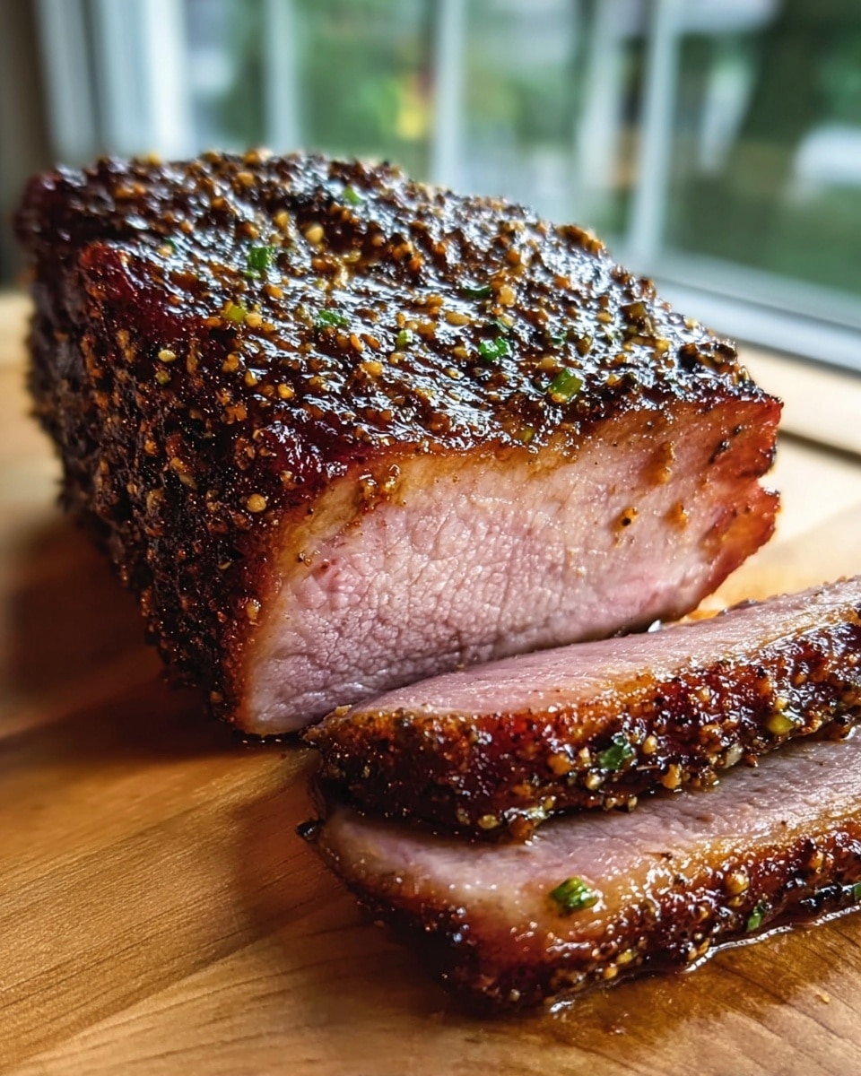A thick cut piece of cooked meat with a dark, well-seasoned crust on top, coated with visible spices and herbs creating a rough texture. The inside of the meat is tender, juicy, and pinkish with small green herb bits scattered throughout. The meat is resting on a smooth wooden board with two slices cut from the main piece, showing the contrast between the crisp outer layer and the softer inside. The background shows a blurred window with natural light highlighting the glossy, flavorful surface of the meat. Photo taken with an iphone --ar 4:5 --v 7