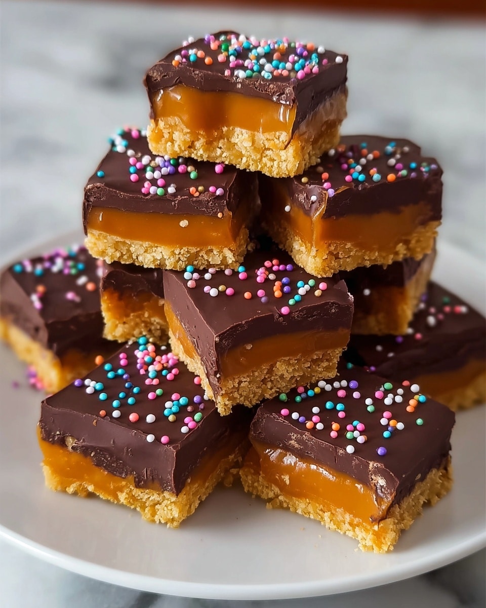 A close-up view of a stack of nine square treats on a white plate, each treat having three layers: a golden crumbly base, a thick bright orange caramel filling in the middle, and a smooth dark chocolate coating on top. The chocolate layer is decorated with small, colorful round sprinkles scattered unevenly. Two treats are cut in half, showing the soft caramel layer clearly inside. The plate is placed on a white marbled surface, giving a clean and bright background. photo taken with an iphone --ar 4:5 --v 7