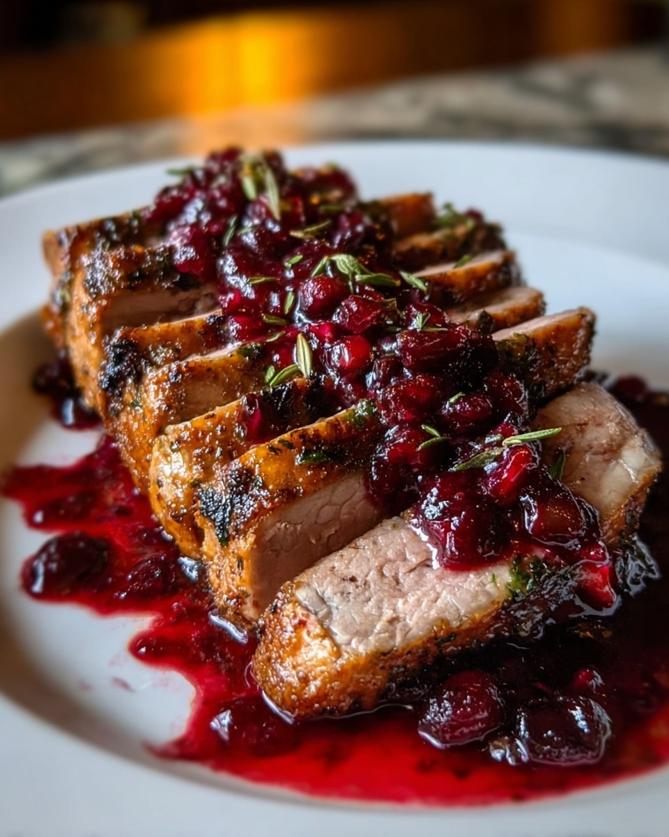 A piece of meat is sliced into about five thick layers, showing a juicy, light brown inside with a darker, crispy outer edge dotted with herbs. On top, a red sauce with whole and crushed berries drips down the meat, pooling slightly on the white plate beneath. The meat sits on a white marbled surface, and the warm lighting highlights the glossy, textured sauce and the tender meat's surface. photo taken with an iphone --ar 4:5 --v 7