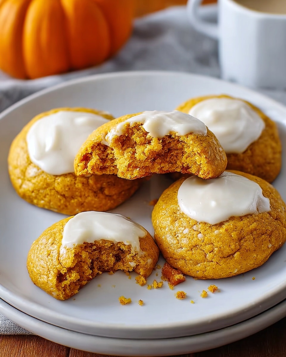 The image shows a white plate with five round pumpkin cookies, each with a golden-orange color and a rough textured surface. Four cookies have a dollop of white icing on top, smooth and slightly shiny. One cookie is broken in half, revealing a crumbly and moist inside of deep orange color. The plate is placed on a white marbled surface with a blurred pumpkin in the background. photo taken with an iphone --ar 4:5 --v 7