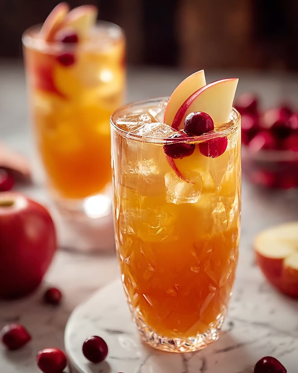 A tall clear glass with a textured pattern holds a bright amber drink filled with small ice cubes. Inside the drink, there are thin slices of red and yellow apple, with three deep red berries floating on top along with a wedge of red apple at the edge. In the soft-focus background, a second similar glass with the same drink and garnish is visible, standing on a white marbled texture surface scattered with small red berries and whole red apples. The light highlights the cold, refreshing look of the drink. photo taken with an iphone --ar 4:5 --v 7