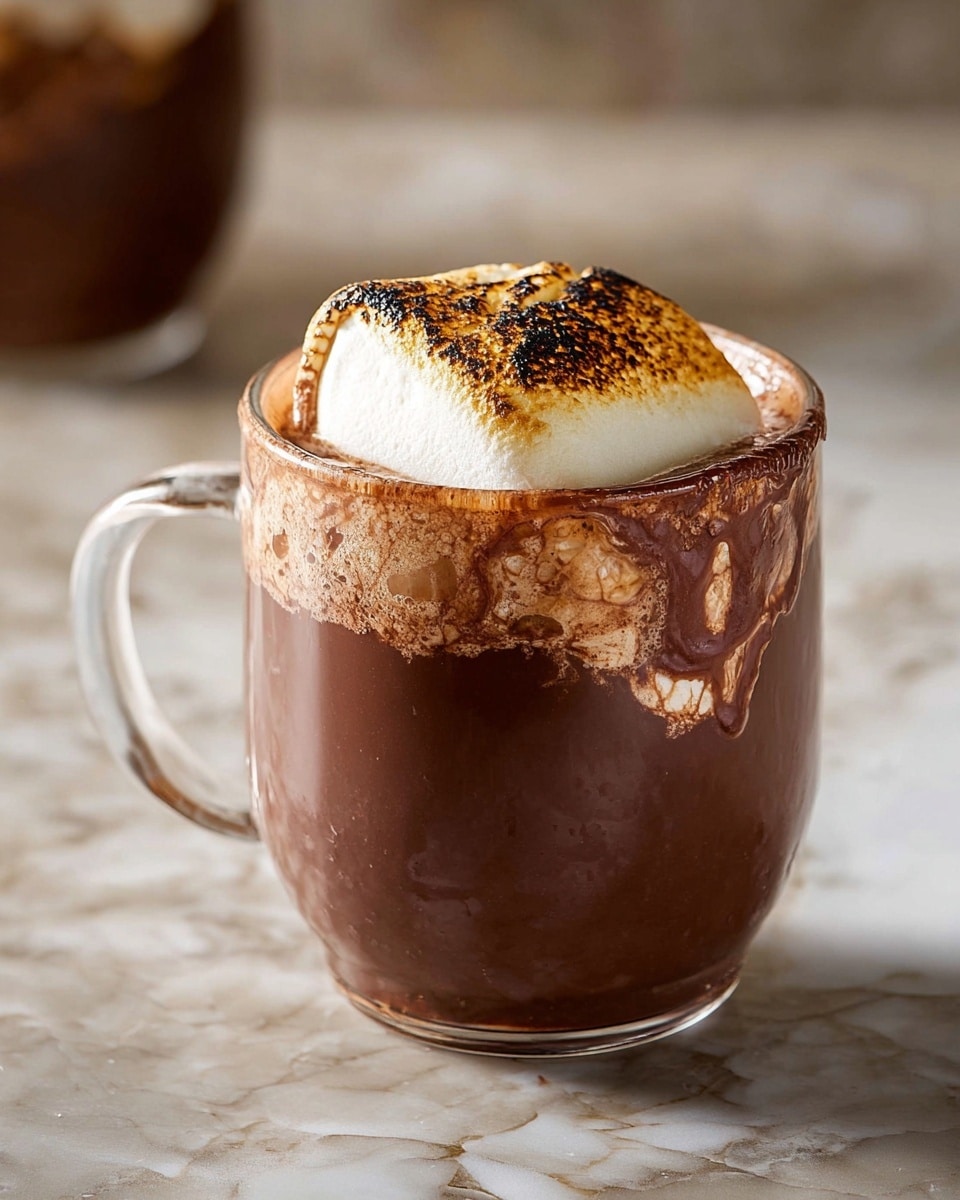 A clear glass mug filled almost to the top with rich, dark brown hot chocolate shows some thick texture around the edges where the drink meets the glass. Floating on top is a large, toasted marshmallow with a golden brown and slightly charred surface, sitting near the rim of the mug. The background is a soft blur of neutral tones with white marbled texture below the mug, emphasizing the warm drink. photo taken with an iphone --ar 4:5 --v 7