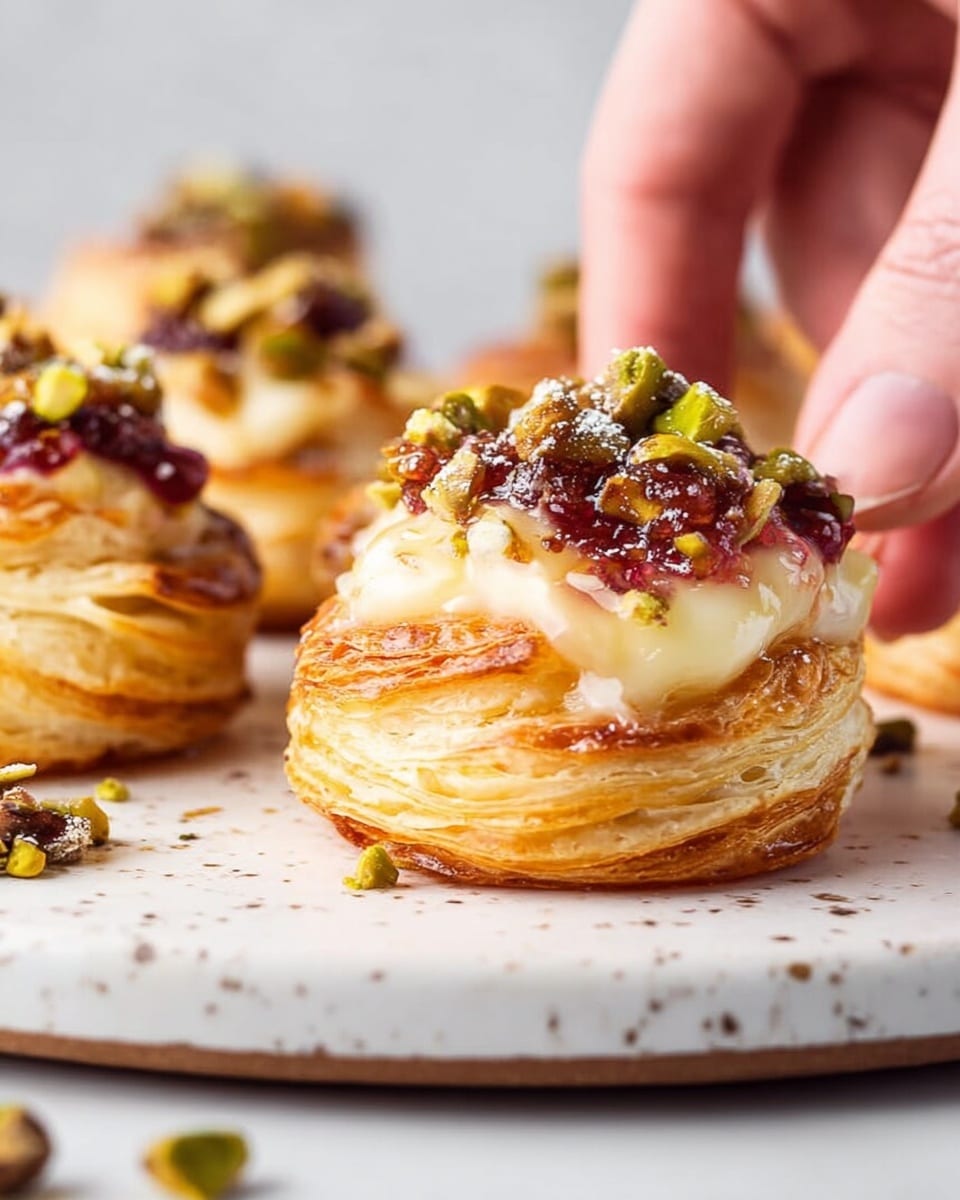 The image shows round, layered puff pastry nests with a golden-brown crust set on a white marbled surface. Each pastry has multiple flaky layers visible, topped with a creamy white cheese layer oozing slightly over the sides. On top, there is a mix of bright red jam and scattered green pistachio nuts adding color and texture. A woman's hand is gently holding one of the pastries in the background, with more pastries blurred behind it, all placed on a white plate with a speckled edge. Photo taken with an iphone --ar 4:5 --v 7