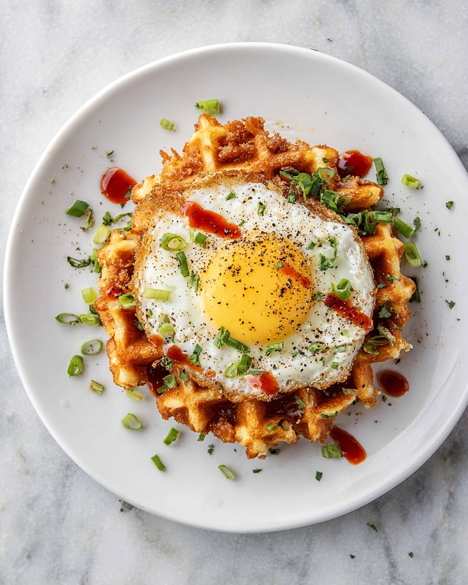 A round white plate on a white marbled surface holds a single crispy waffle layer with a golden-brown texture that looks crunchy on the edges. On top of the waffle is a fried egg with a bright yellow yolk in the center and white cooked edges, sprinkled with black pepper and a few drops of red chili sauce. Small green onion pieces are scattered on the egg and on the waffle, while some finely chopped herbs are spread around the plate. photo taken with an iphone --ar 4:5 --v 7