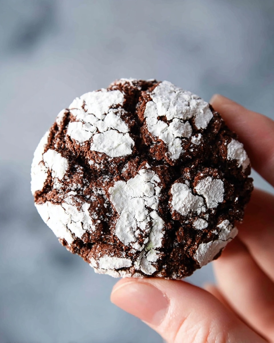 A close-up of a single round chocolate crinkle cookie held by a woman's hand, showing a cracked top covered with white powdered sugar that contrasts with the dark, rich chocolate underneath. The cookie has a rough texture with uneven patches where the powdered sugar is cracked and breaks apart, revealing the moist chocolate dough. The background is a soft blurred white marbled texture that makes the cookie stand out clearly. photo taken with an iphone --ar 4:5 --v 7