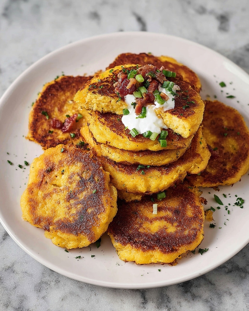 A white plate holds a stack of seven golden-brown patties with a crispy, textured surface, each roughly round and slightly uneven around the edges. The patties have a warm, cooked yellow interior and darker browned spots on top from frying. The top patty is cut in half, showing the soft, bright yellow inside. On this sliced half, there is a dollop of white sour cream gently melting, topped with small pieces of green chopped scallions and bits of reddish-brown crispy bacon. Small green herb flakes are scattered lightly over the patties and plate. The plate sits on a white marbled textured surface. photo taken with an iphone --ar 4:5 --v 7