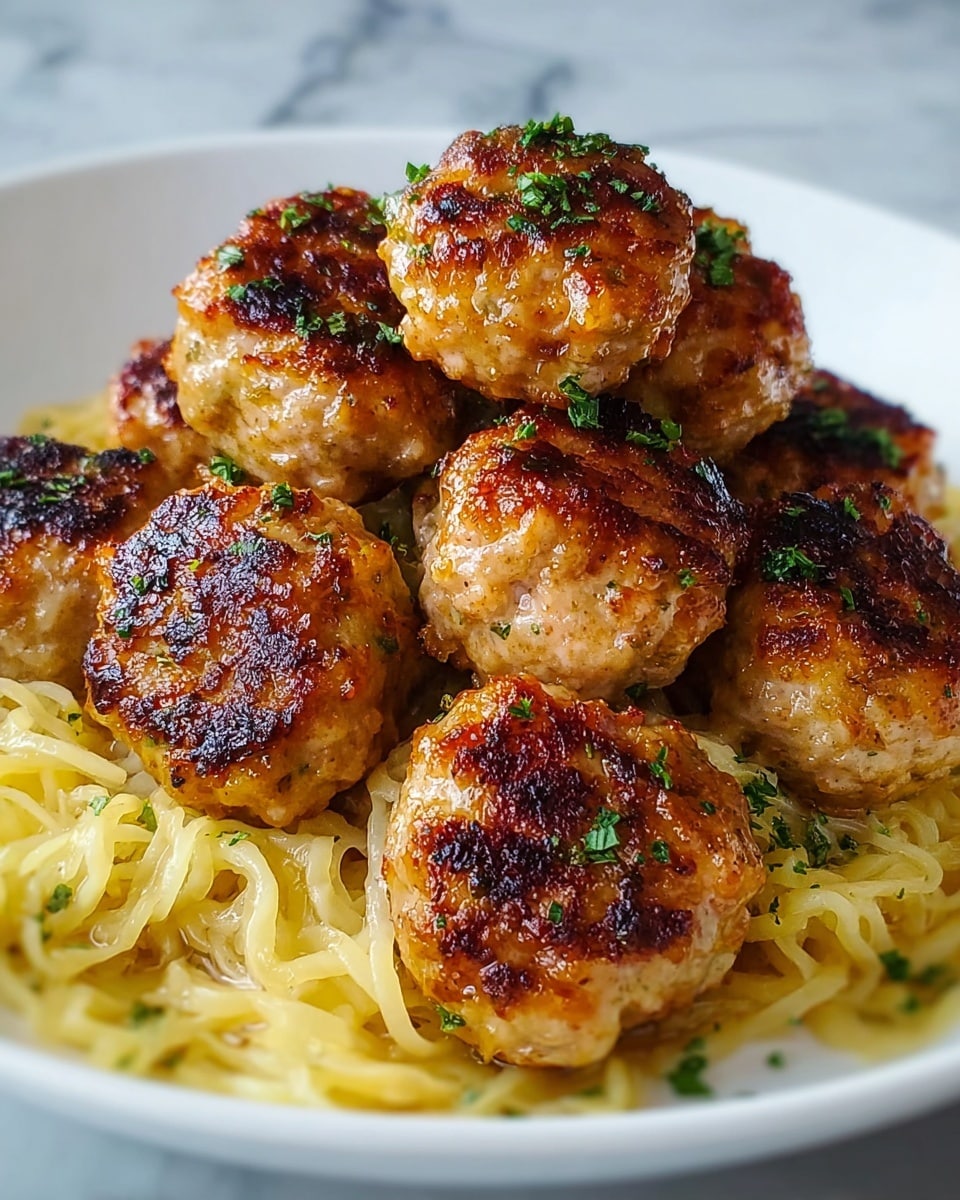 A white plate holds a pile of golden-brown meatballs with a crispy, slightly charred texture on top, each sprinkled with small green herb pieces. These meatballs rest on a bed of light yellow, thin cooked noodles, with the noodles peeking out from underneath. The background is a smooth white marble surface. photo taken with an iphone --ar 4:5 --v 7