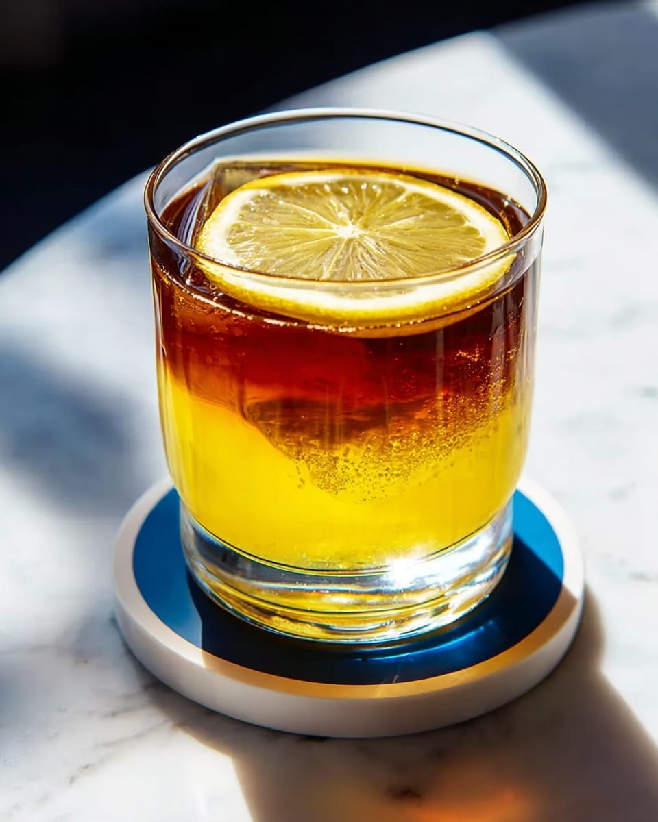A clear short glass filled with a two-layer drink, the bottom layer is bright yellow and the top layer is dark amber, topped with a thin round slice of lemon floating on the surface. The glass is placed on a white coaster with a blue top side, sitting on a white marbled textured surface under bright natural light. photo taken with an iphone --ar 4:5 --v 7