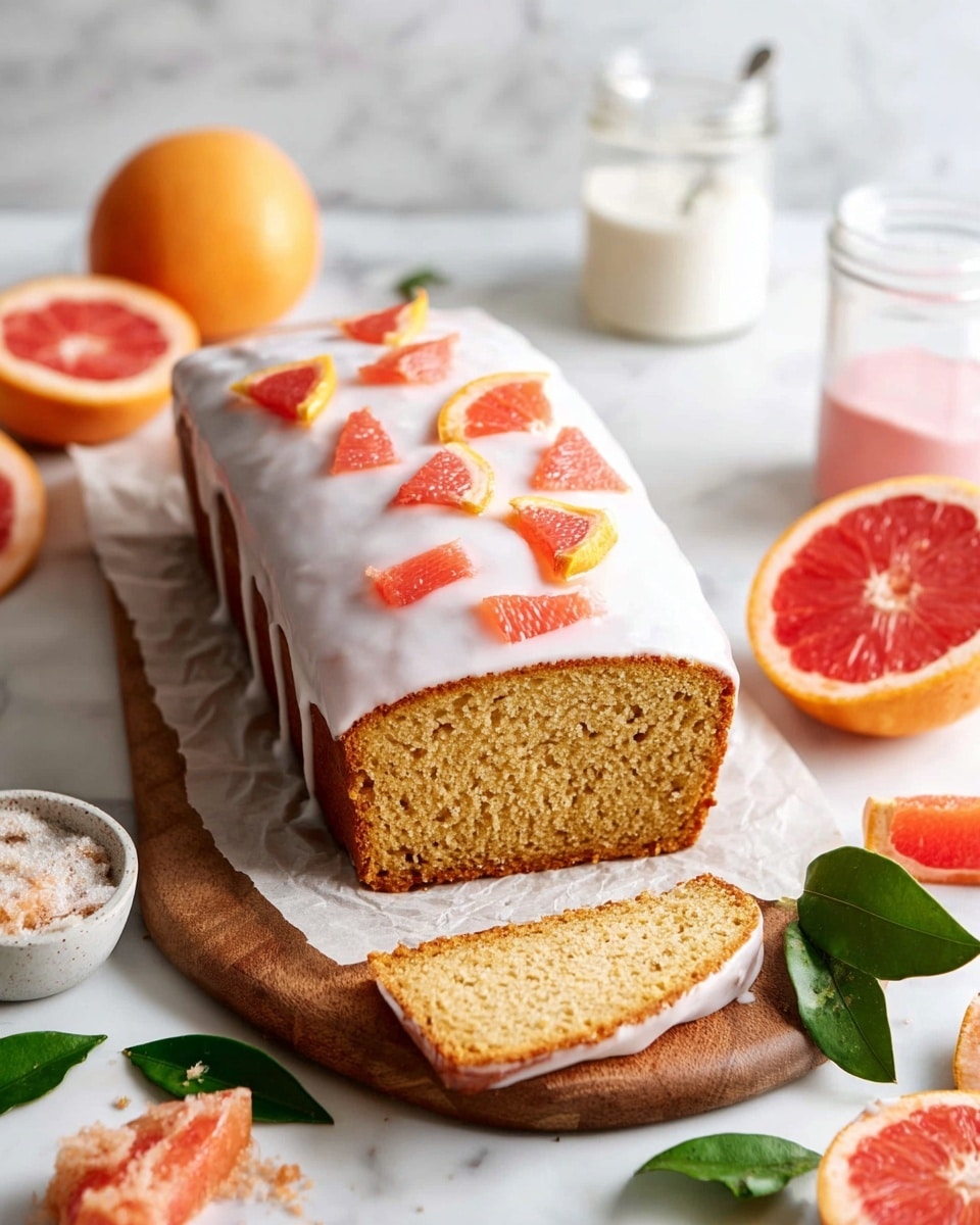 A rectangular loaf cake with one long slice cut off shows a dense, light brown inside texture. The cake is covered in a thick white glaze that slightly drips over the sides. On top, there are small triangular grapefruit pieces and thin strips of grapefruit peel scattered evenly. The cake sits on a piece of parchment paper atop a wooden board. Around the cake, there are halved and quartered fresh grapefruits, green leaves, a small white bowl holding cake crumbs, and two jars containing white and pink liquids. The background is a white marbled texture. photo taken with an iphone --ar 4:5 --v 7