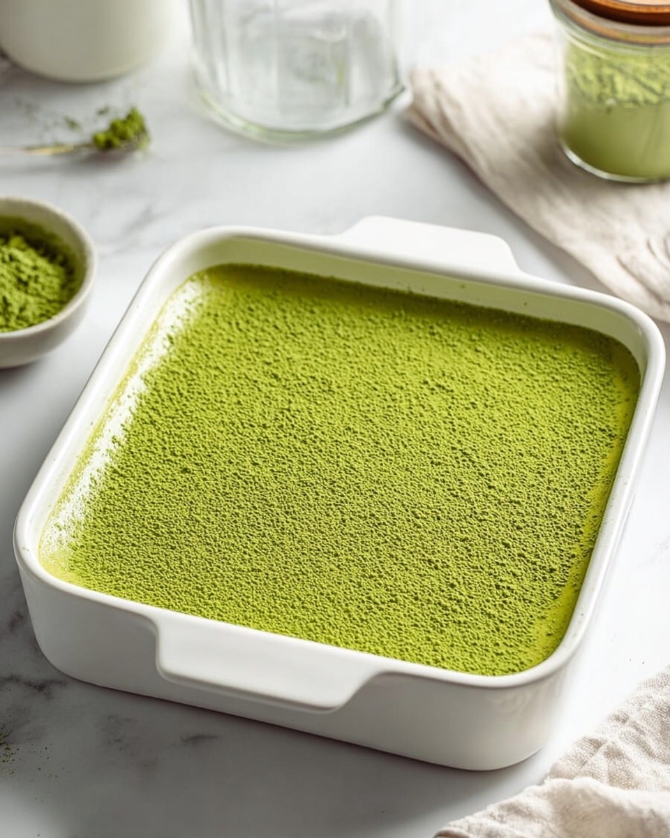 A square white baking dish filled with a dessert that has a smooth, bright green powdery layer on top, covering the entire surface evenly. The top layer looks fine and matte, suggesting a dusting of green matcha powder. The dish is set on a white marbled surface, with soft natural light highlighting the vibrant green layer. Around the dish, some kitchen items like a glass jar, a small white bowl with green powder, and a light-colored cloth add to the simple setting. Photo taken with an iphone --ar 4:5 --v 7
