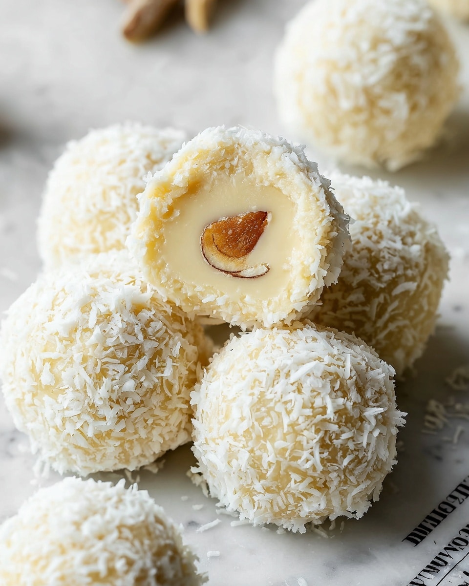 The image shows a group of round, bite-sized dessert balls, each covered in a fluffy layer of white shredded coconut. One dessert ball on top is cut in half, revealing three layers: the outer white coconut coating, a smooth, creamy pale yellow middle layer, and a small piece of light brown nut in the center. The balls are placed on a white marbled surface with some text partially visible underneath. The texture of the coconut is rough and fibrous, while the creamy middle is shiny and smooth. Photo taken with an iphone --ar 4:5 --v 7