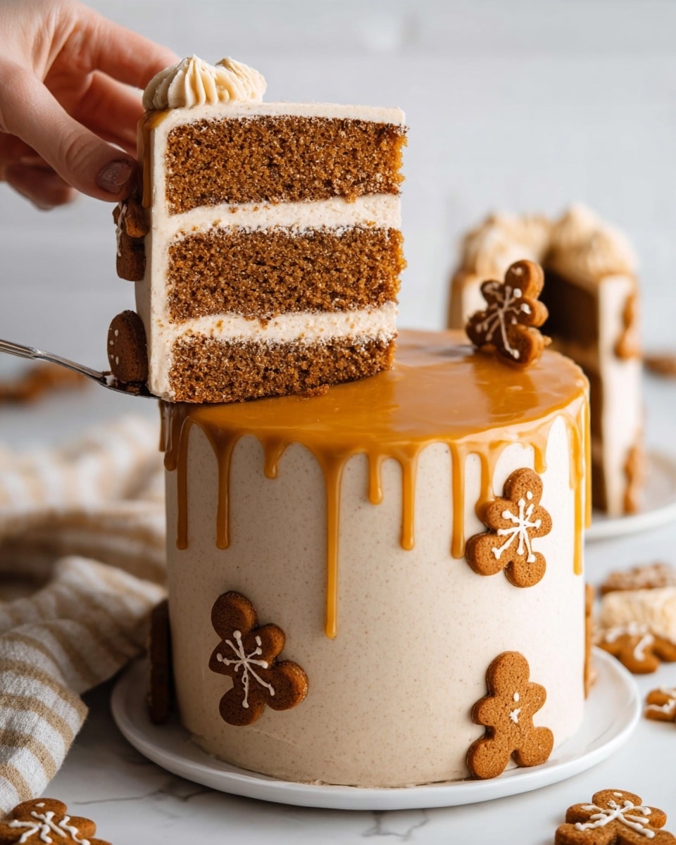 A three-layer gingerbread cake with light brown frosting covers the outside and around the three spiced gingerbread men cookies stuck on the sides. The top is covered in smooth caramel glaze that drips slightly down the edge. The cake slice shows two moist, dense brown cake layers separated by thin layers of creamy frosting with visible caramel drizzle. A woman's hand holds the slice above the rest of the cake on a white plate, set against a white marbled surface with some gingerbread cookies scattered nearby. Photo taken with an iphone --ar 4:5 --v 7