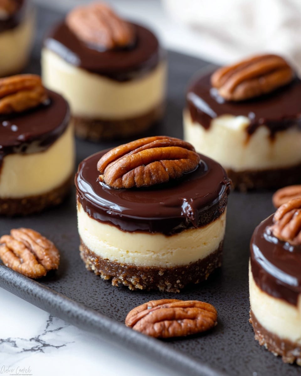 This image shows small layered cheesecakes on a dark tray, each with three clear layers. The bottom layer is a crumbly brown crust, the middle layer is creamy and pale yellow cheesecake, and the top layer is a shiny, dark chocolate ganache with a slightly glossy texture. Each cheesecake is topped with a single whole pecan that has a rich brown color and a textured, grooved surface. There are also some scattered pecans around the cheesecakes on the tray. The background is softly blurred with a white marbled texture surface visible. Photo taken with an iphone --ar 4:5 --v 7
