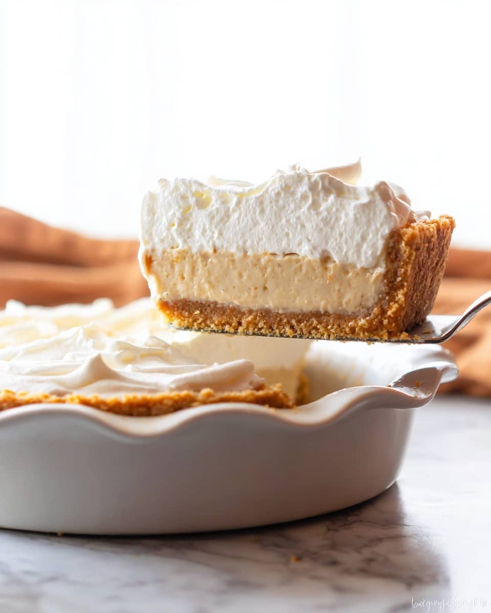 The image shows a slice of pie being lifted from a white pie dish with wavy edges, placed on a white marbled surface. The pie has three visible layers: a thick golden brown crust at the bottom and sides, a creamy light beige filling in the middle with a smooth, slightly crumbly texture, and a fluffy white whipped topping on top with soft peaks. The slice is held above the dish, showing the inside of the pie clearly. The background is bright and clean. Photo taken with an iphone --ar 4:5 --v 7