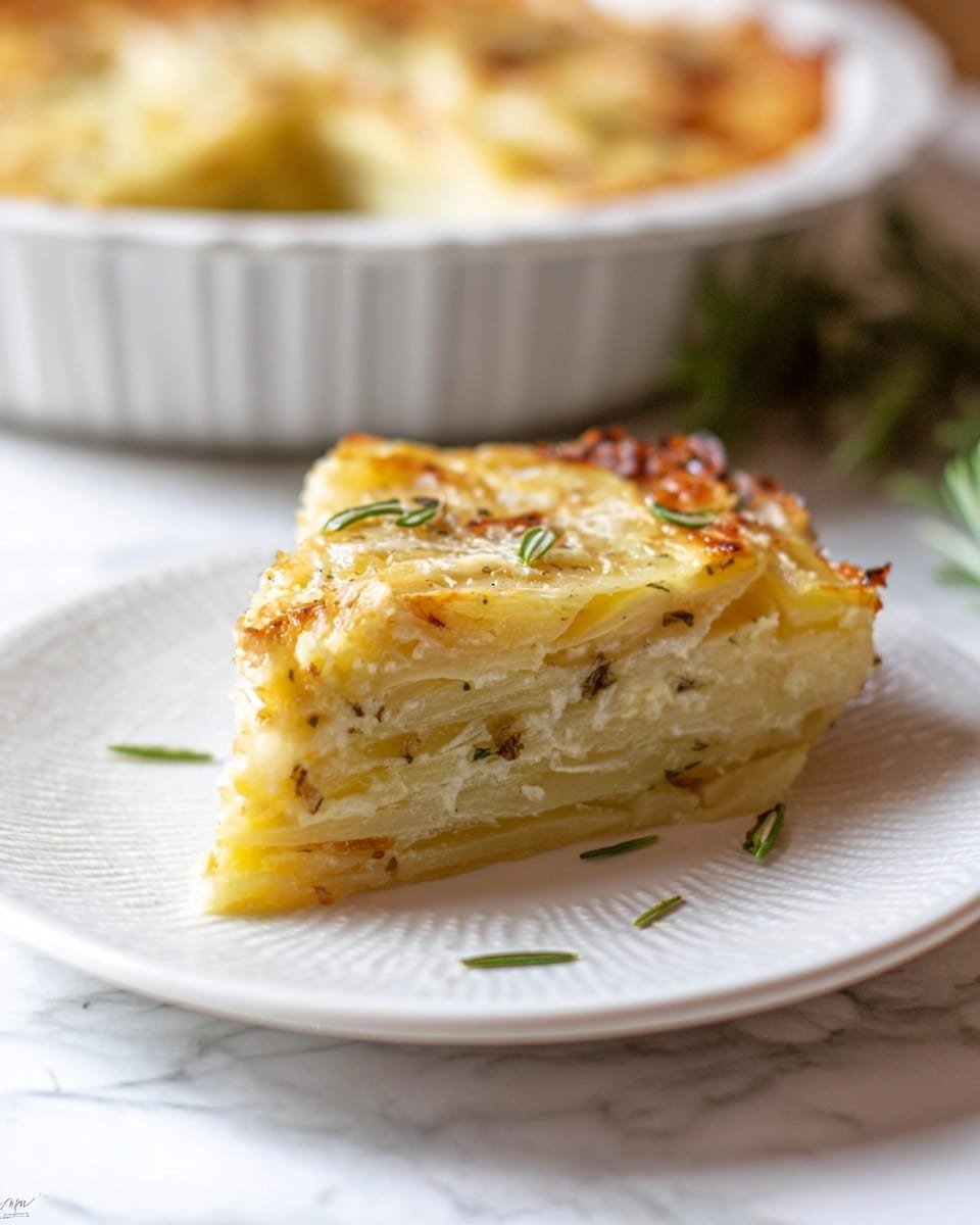 A single slice of layered potato gratin sits on a white plate with a subtle embossed edge, placed on a white marbled surface. The slice shows about five distinct layers of thinly sliced, pale yellow potatoes with a creamy, slightly glossy texture, interspersed with small bits of herbs and seasoning, topped with melted cheese that is light golden and slightly bubbly. Thin green herb sprigs, likely rosemary, are scattered on and around the slice, adding a fresh contrast. In the blurred background, the rest of the gratin is partially visible in a white ceramic dish with a ridged edge. Photo taken with an iphone --ar 4:5 --v 7