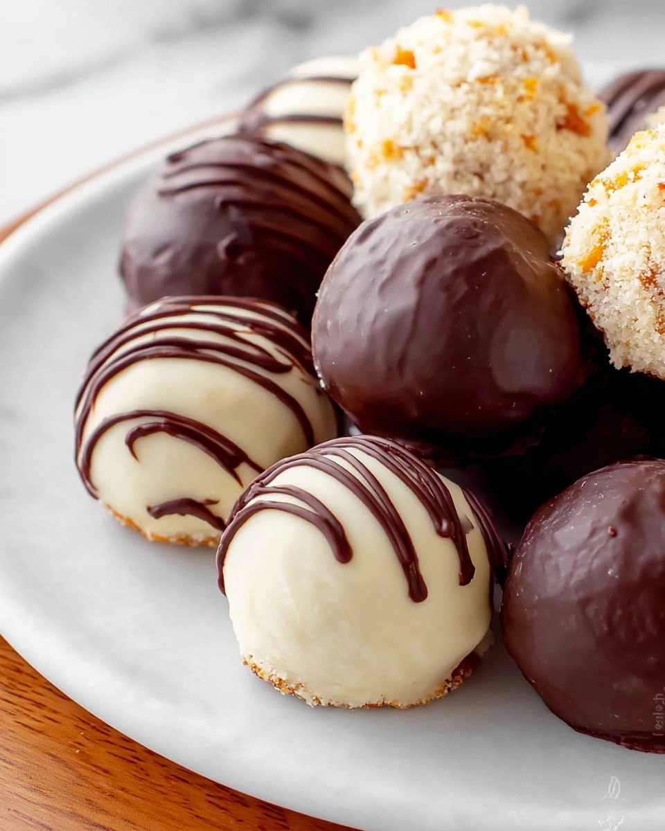The image shows a close-up of round treats on a white plate, each with two main layers and varying coatings. The first layer is a pale cream ball, smooth and soft in texture, with dark brown glossy chocolate drizzled on top in thin, flowing lines. Beside these, there are fully coated dark brown chocolate balls with a shiny, smooth surface, some with a slight reflection. Another treat has a rough texture, coated with a light beige crumbly layer with tiny orange-brown bits mixed in, giving a crunchy look. The plate is set on a white marbled surface, adding a clean and bright background to the rich colors of the treats. photo taken with an iphone --ar 4:5 --v 7