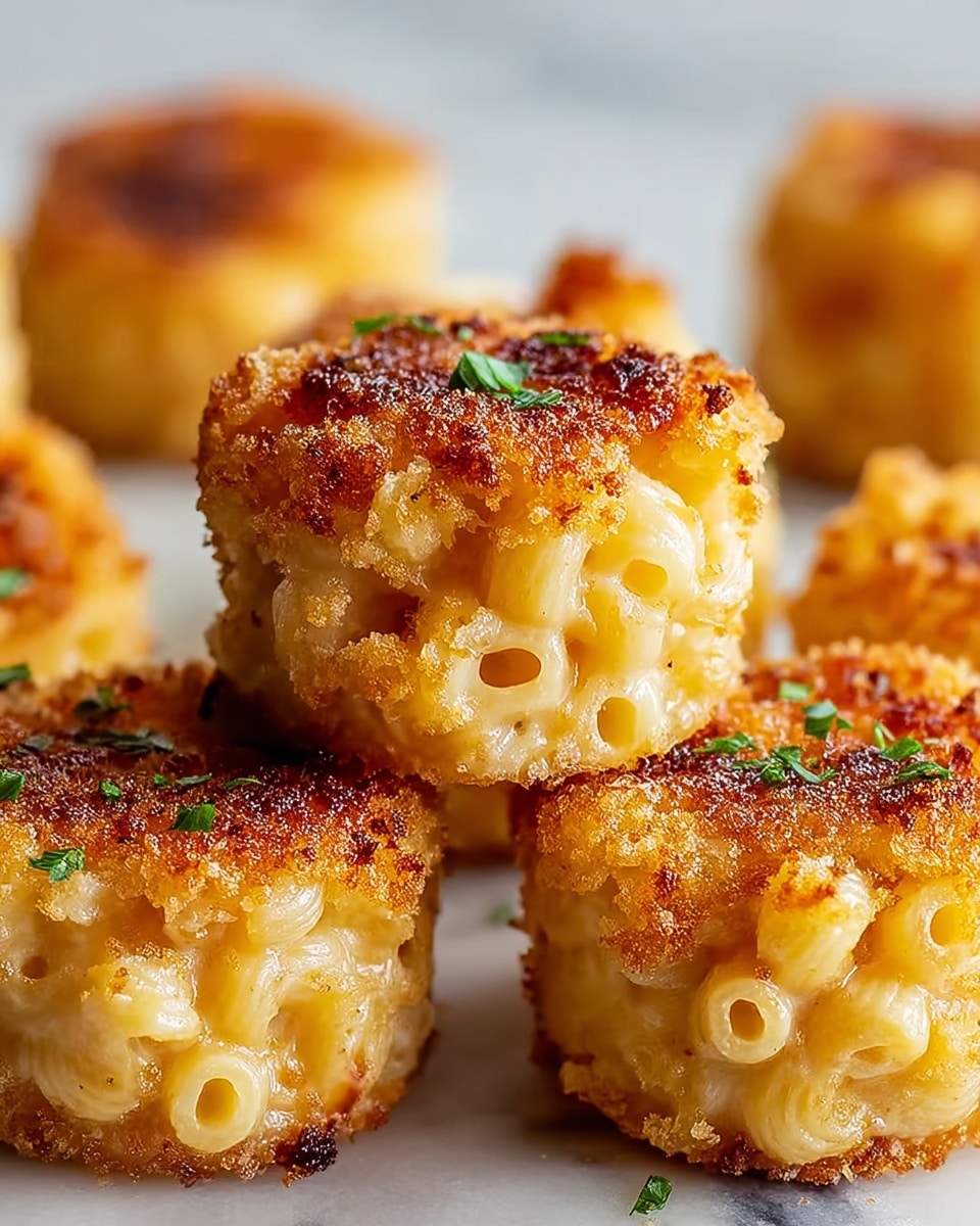 Three round, golden brown, crispy macaroni and cheese bites stacked on a white plate with a speckled pattern. Each bite shows creamy, melted cheese and tube-shaped macaroni inside, with a crunchy breadcrumb coating on the outside. Small green herb leaves are scattered around the bites and on top for garnish. The plate sits on a white marbled surface. Photo taken with an iphone --ar 4:5 --v 7