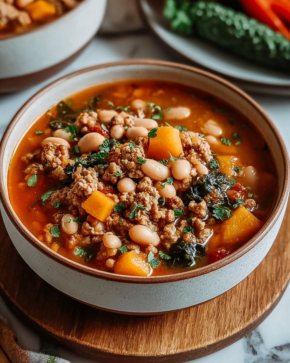 A close-up of a bowl filled with thick soup showing three main layers: the bottom layer is a rich, reddish-brown broth with a smooth texture, the middle layer contains soft white beans and chunks of bright orange squash, and the top layer has loose crumbles of cooked browned meat mixed with chopped green herbs scattered across the surface; the bowl is white with a brown rim and sits on a round wooden coaster, all placed on a white marbled textured surface with a blurred background showing part of another bowl and some vegetables. photo taken with an iphone --ar 4:5 --v 7