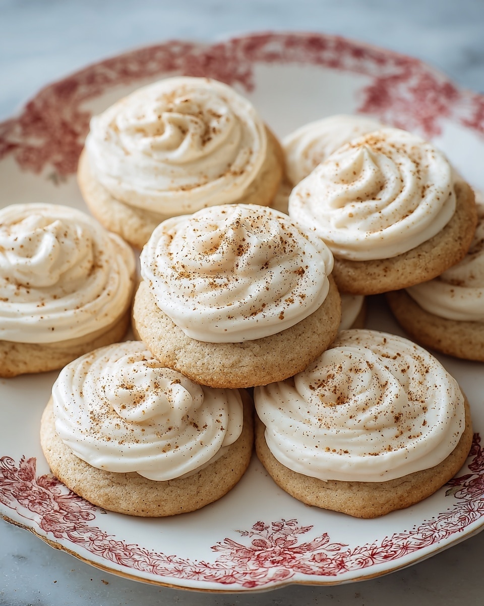 A white plate with delicate brown floral patterns holds a pile of seven round cookies. Each cookie has two layers: a base layer of light brown, soft cookies with a slightly cracked texture, and a top layer of creamy, white frosting swirled in a circular pattern. The frosting is dusted lightly with a fine sprinkle of brown spice, giving a speckled effect on the top. The cookies are arranged in a slightly overlapping stack on the plate, sitting on a white marbled surface. photo taken with an iphone --ar 4:5 --v 7