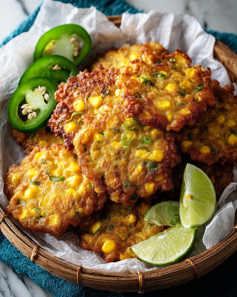 A basket lined with white paper holds a stack of golden-brown corn fritters with crispy edges, each filled with bright yellow corn kernels and small green herb bits. The fritters have a rough texture with visible pieces of corn and herbs on top. On one side of the basket, there are two thick slices of fresh green jalapeño peppers showing their seeds, and behind them is a lime wedge with a light green flesh. The basket sits on a blue cloth over a white marbled surface. photo taken with an iphone --ar 4:5 --v 7