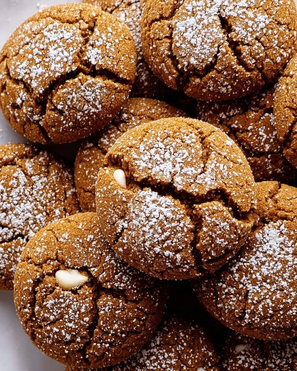 The image shows a close-up of a pile of round ginger cookies arranged closely together on a white marbled surface. Each cookie has a cracked top with a slightly rough texture, showcasing a warm brown color. Some cookies have white bits peeking through the cracks, and all of them are lightly dusted with powdered sugar, adding a cool white contrast on their surface. The kind of sugar gives a soft, snowy look on each cookie, making them look fresh and delicious. photo taken with an iphone --ar 4:5 --v 7