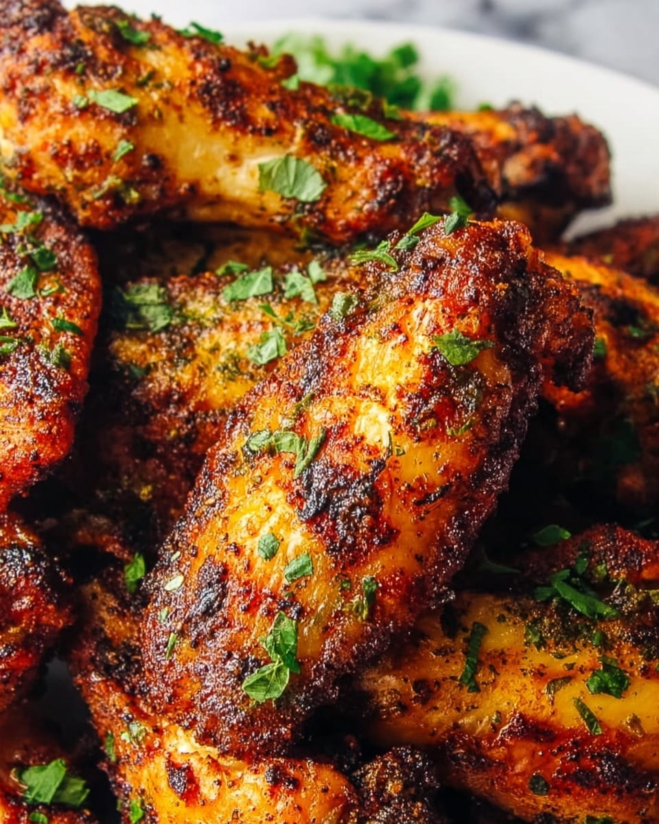 A close-up image of crispy chicken wings stacked on a white plate, each wing showing a golden brown and slightly charred skin with a rough, crunchy texture. The wings are seasoned with dark spices and garnished with small, bright green chopped herbs scattered evenly across the surface. The background has a white marbled texture that contrasts with the rich colors of the wings, making them look juicy and flavorful. Photo taken with an iphone --ar 4:5 --v 7