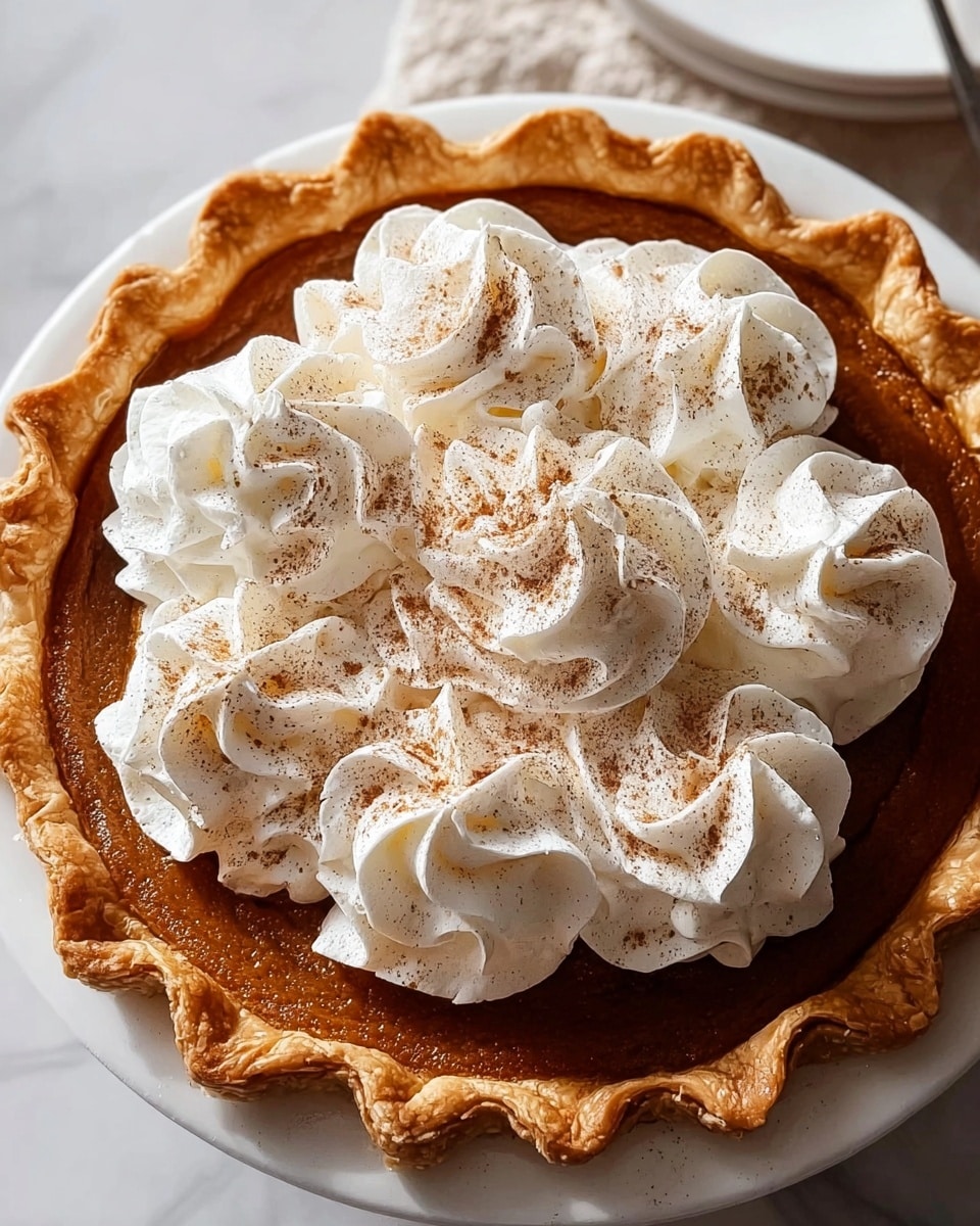 A close-up view of a pie with one thick bottom layer of dark brown filling inside a golden brown, crimped crust. On top, there are many swirls of white whipped cream spread evenly, with a light dusting of cinnamon powder adding a touch of brown on the cream. The pie sits on a white plate, placed on a white marbled surface, with some blurred background items faintly visible. Photo taken with an iphone --ar 4:5 --v 7
