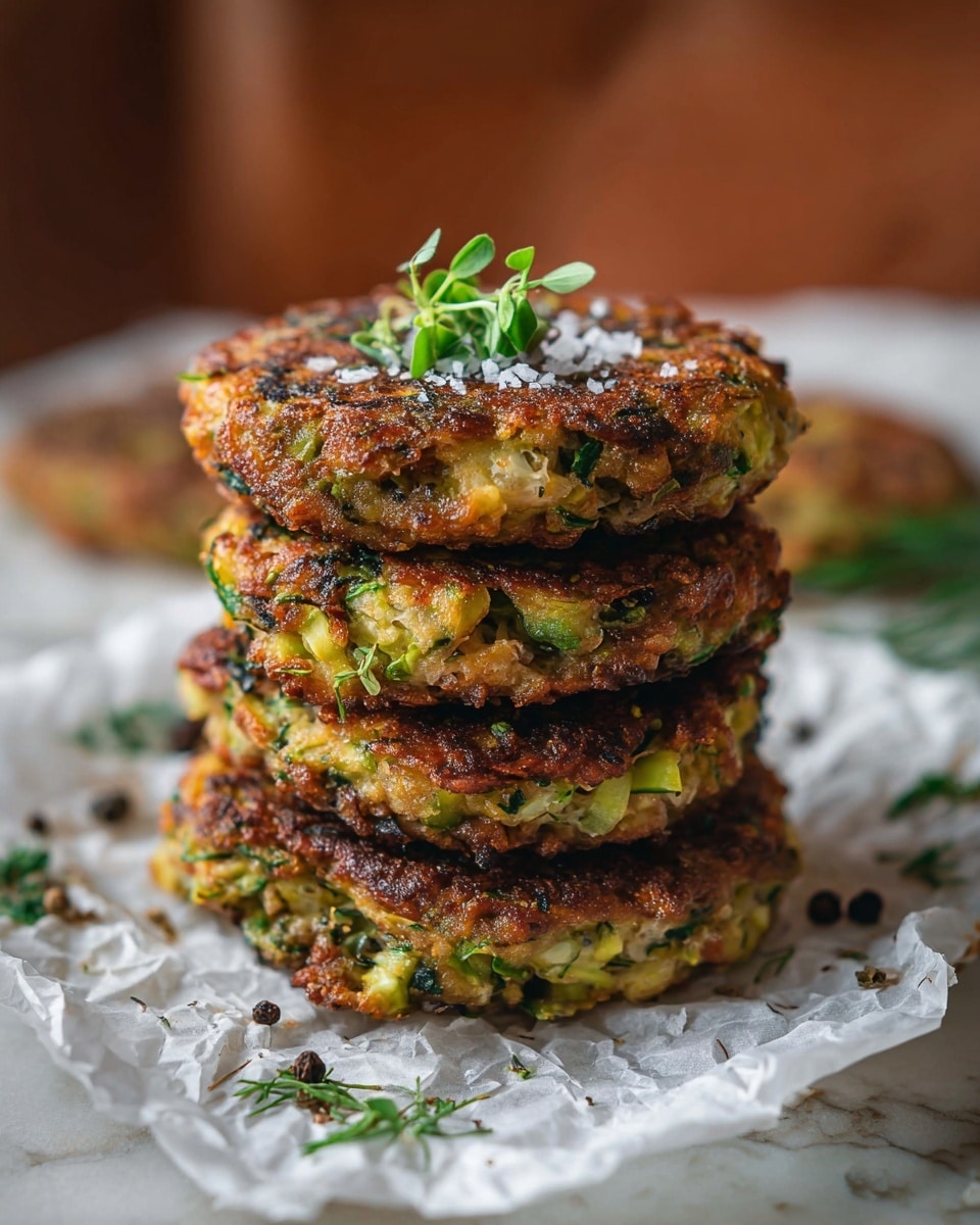 A stack of four round fritters is shown, each about the same size, with a rough texture and crispy dark brown edges. The fritters have a mix of light golden-brown and green colors from visible herbs and vegetables inside. The top fritter is garnished with a small green sprig of fresh herb and a sprinkle of coarse salt. The stack sits on crumpled white paper on a white marbled surface, with some scattered green herb leaves and small black pepper pieces around it. The background is softly blurred with warm brown tones. Photo taken with an iphone --ar 4:5 --v 7