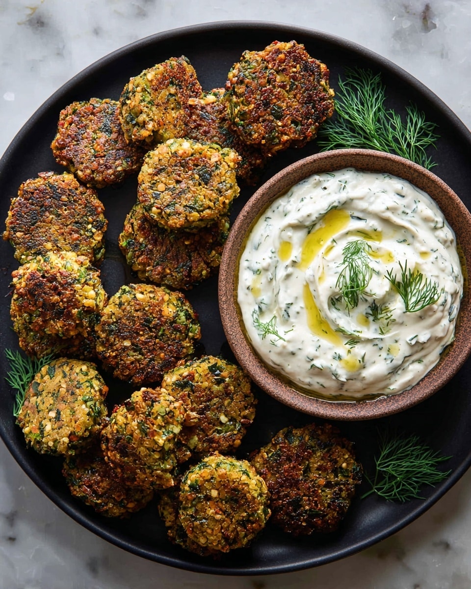 A black round plate holds about fifteen small, round falafel patties, each with a browned, crispy texture and speckled with green herbs and spices; the falafels are arranged in a loose cluster on the left side of the plate. On the right side of the plate is a brown bowl filled with thick, creamy white sauce with visible green herb bits swirled on top, garnished with a drizzle of olive oil and small fresh herb sprigs. More fresh dill sprigs rest on the plate near the bowl. The background has a white marbled texture. Photo taken with an iphone --ar 4:5 --v 7